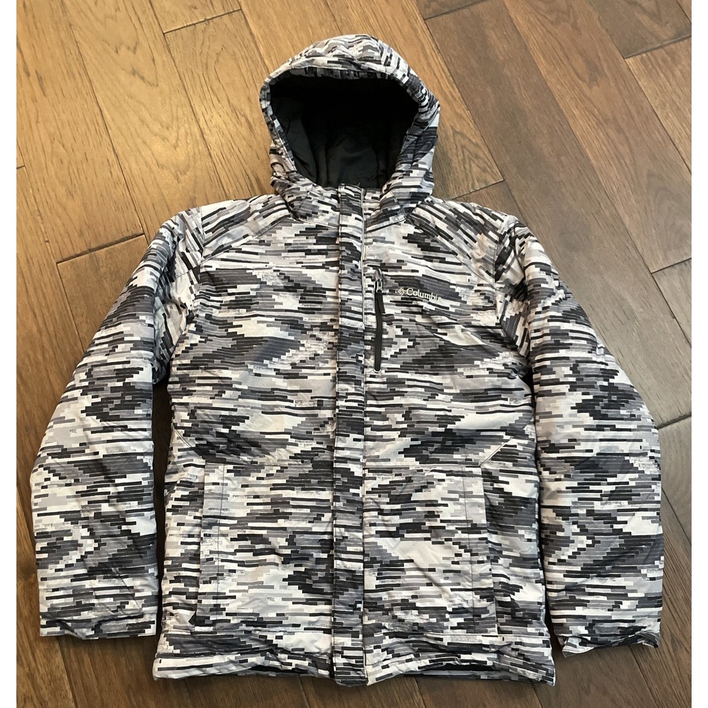 Columbia Jacket Youth Large Black Gray Digital Hooded Insulated Full Zip Winter